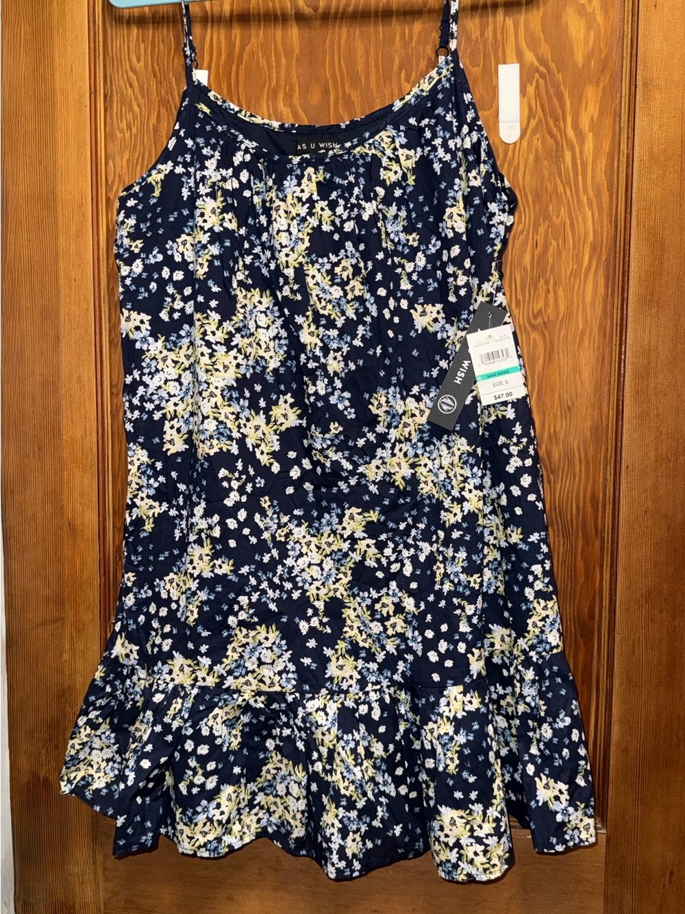 As U Wish Navy Floral Spaghetti-Strap Dress with Yellow & White Flowers Lined Sm
